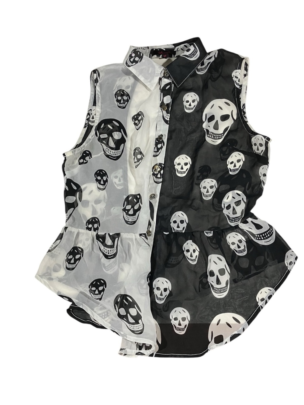 lulamari Sheer Chiffon Skull Print Button-Front Collared Blouse Black/White M